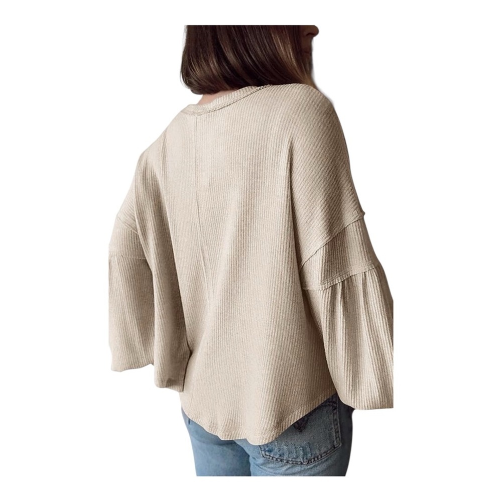 BTFBM Ribbed V-Neck Balloon Sleeve Tunic Top Beige Size L - Picture 3 of 10